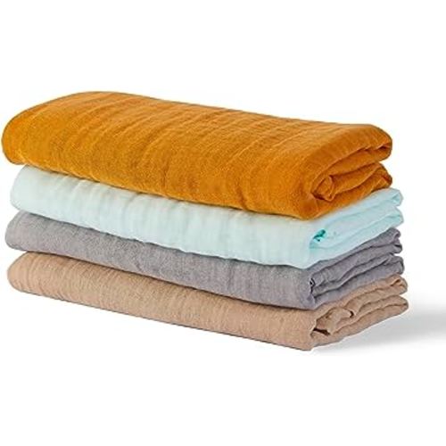 CottCare Baby Muslin Swaddle Blanket for Boys and Girls,4-Pack Breathable and Skin-Friendly,Wrap Soft Silky Cotton Muslin Swaddle Blankets/Ginger/Cyan/Gray/Apricot…