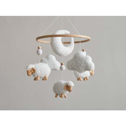 Neutral Nursery Mobile - Boucle Sheep Baby Crib Mobile