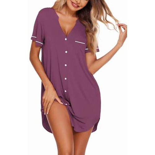 Ekouaer Nightgowns for Women Button Down Night Gowns Short Sleeve Sleep Shirt V Neck Nightshirt Soft Sleepwear Pajams Dress