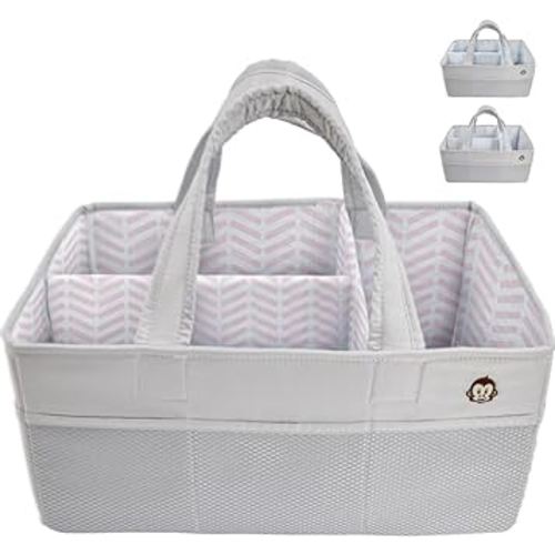 MIGHTY MONKEY Oversized Stain Resistant Baby Diaper Caddy Organizer with Handle, Adjustable Mesh Storage Bin Compartments for Diapers, Baby Wipes, Newborn Changing Table Nursery Essentials, Gray Pink