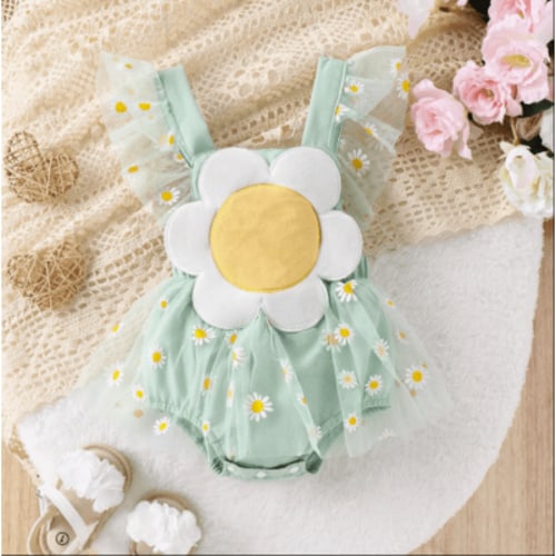 PatPat Baby Girls Clothes Baby Girl Romper Green Floral 3D Flower Design with Daisy Print Mesh,0-18M