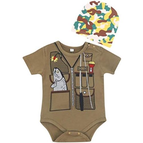 FANCYBABY Baby Boy Fisher Fishing Hunter Camouflage Hat Cap Romper Top Shirt Set Outfit
