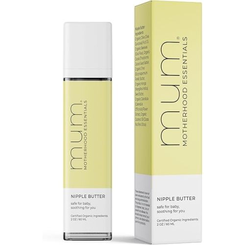 Mum Motherhood Essentials Premium Organic Nipple Butter (2oz), Lanolin Free, Nourishing Nipple Cream, USDA Organic, NON GMO , Safe nipple cream breastfeeding, Pump lubricant, Breastfeeding Essential