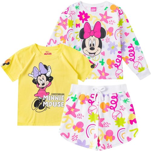 Disney Minnie Mouse Girls 3 Piece Sweatshirt, T-Shirt, and Shorts Set for Toddler and Big Kids