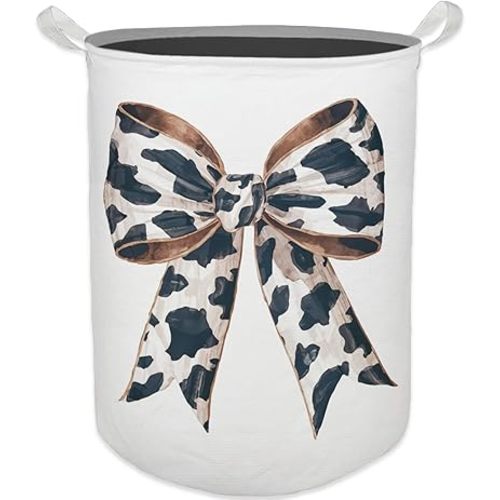Cow Print Bow Laundry Basket, Toybox for Girls, Coquette Girly Western Bow Laundry Basket Hamper Waterproof Collapsible Storage Bin Organizer for Bedroom Bathroom Girls Room Dorm Clothes Toys