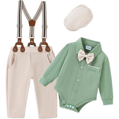 ZOEREA Baby Boy Suit 0-24M Gentleman Outfit Clothes Set Infant Long Sleeve Dress Shirt+Suspender Pants+Bowtie+Beret Hat