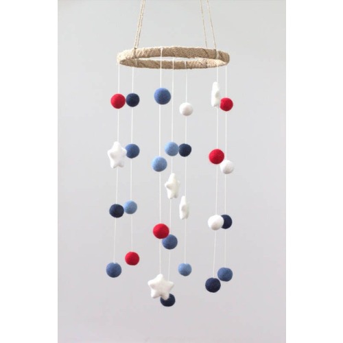 Red Blue Felt Ball & Star Nursery Mobile Decor- Red White Blue - Baby and Children's Ceiling Room- 100% Wool- Ecofriendly, Sustainable