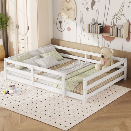 Full Size F loor Bed with Fence for Kids, Montessori Floor Bed Frame for Toddlers, White - ModernLuxe