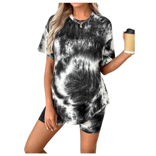 MakeMeChic Women's Maternity 2 Piece Outfit Tie Dye Pajamas Set Short Sleeve Tee Shirt and Biker Shorts Pregnancy Lounge Set