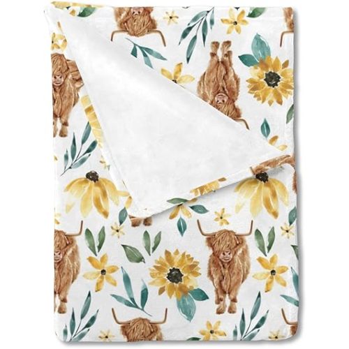 HawSkgFub Highland Cow Sunflower Baby Blanket Girls Shower Gift, Western Cowgirl Flower Floral Flannel Fleece Nursery Bed Receiving Swaddle, Soft Newborn Toddler Infant Kid Crib Bedding 30 x 40