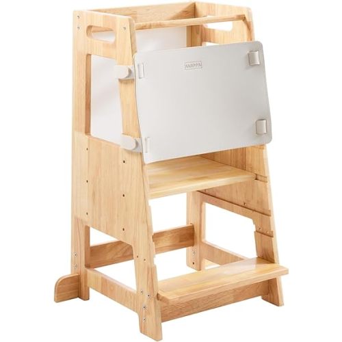 Toddler Kitchen Stools Helper with Adjustable Height and Anti-Slip Protection, Kids Standing Tower with Safety Rail, Kids Montessori Step Stool with Learning Chalkboard, Natural