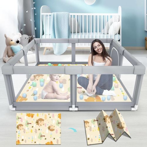 Baby Playpen with Mat, Baby Playpens for Babies and Toddlers, BabyFence Play Pen for Indoor & Outdoor, Sturdy Safety Play Yard with Soft Breathable Mesh, 50 * 50 * 27 inches Grey