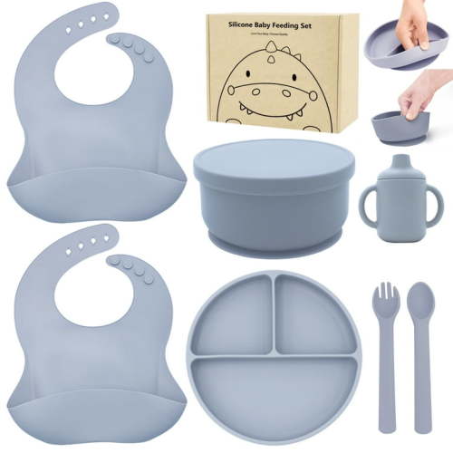Silicone Baby Feeding Set,Baby Led Weaning Supplies Include Suction Plate & Bowl, Spoon, Fork,Bibs,Sippy Cup, 7-Pcs