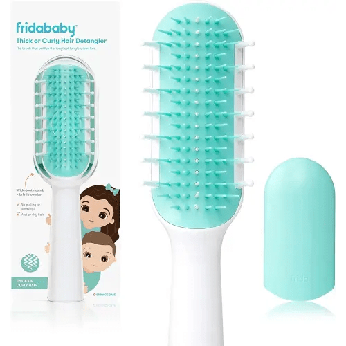 Frida Baby Thick or Curly Hair Detangler Brush for Kids, Toddler Hairbrush Detangles Knots Without Tears or Breakage, Comb Teeth and Bristle Design, White/Blue ,1 Count
