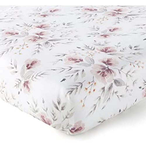 Levtex Baby - Adeline Crib Fitted Sheet - Fits Standard Crib and Toddler Mattress - large clusters of floral bouquets in shades of blush and grey - Nursery Accessories - 100% Cotton