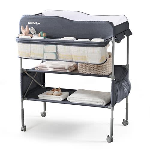 Sweeby Portable Baby Changing Table, Foldable Diaper Changing Station with Waterproof Pad, Mobile Nursery Organizer for Infant & Newborn Essentials, Dark Grey