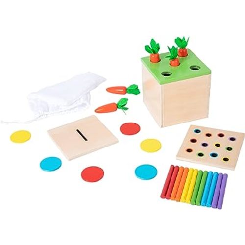 Adena Montessori 3 for 1 Wooden Montessori Play Kit Baby Toys,includes Matchstick Color Drop Game,Carrot Harvest Game and Coin Box,Learning Toy for Kid 1,2,3 Year Old,Girl Boy Gift for Baby 6-12 Month