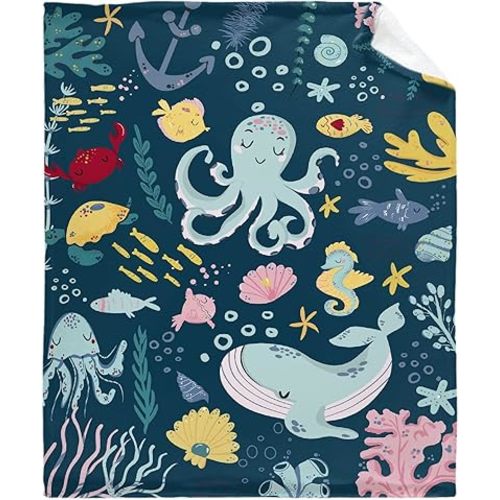 Thuswarm Cute Blue Sea Creatures Octopus Whale Flannel Blanket for Autumn Winter Gifts Warm Cozy Soft Funny Print Throw for Bed Couch Sofa 50”×40” Small for Kid