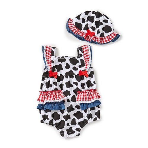 Baby Starters Baby Girls Cow Print Flutter Sleeve Bubble & Hat Set