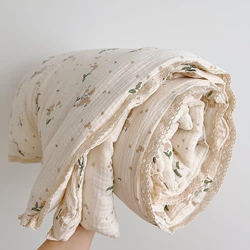 BuLuTu Cute Laurel Design Quilt Muslin Cotton Comforter Lightweight Soft Nursery Blankets Floral Beige Crib Blanket, 47"x59"