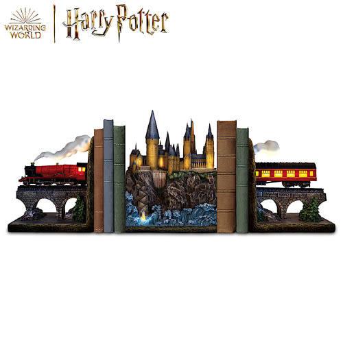 HARRY POTTER The Journey To HOGWARTS Illuminated Bookend Collection Featuring A Detailed HOGWARTS Express On Its Journey Back To HOGWARTS Castle