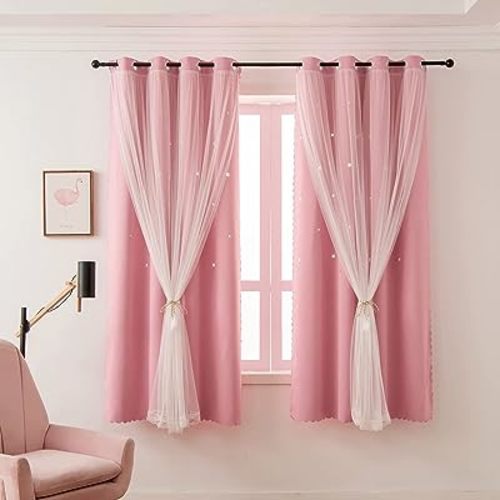 Girls Curtains for Living Room Bedroom Curtains Double Layer Blackout Curtains 63 Inch Length Star Cutout Pink Curtain Window Drapes for Nursery (Pink, 42W x 63L,2 Panels)