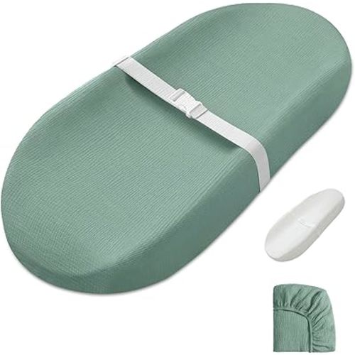 Blissful Diary Muslin Baby Changing Pad with Waterproof Lining Foam, Diaper Changing Table Pad with Cover for Dressers (Roman Green, Avocado)