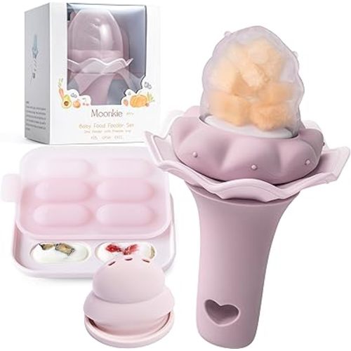 Moonkie Baby Fruit Feeder with Freezer Tray | BPA Free Silicone Infant Food Feeder | Two Sizes Pouches and Breastmilk Popsicle Molds for Cooling Relief | Baby Shower Gifts 4 Months+, 1 Pack
