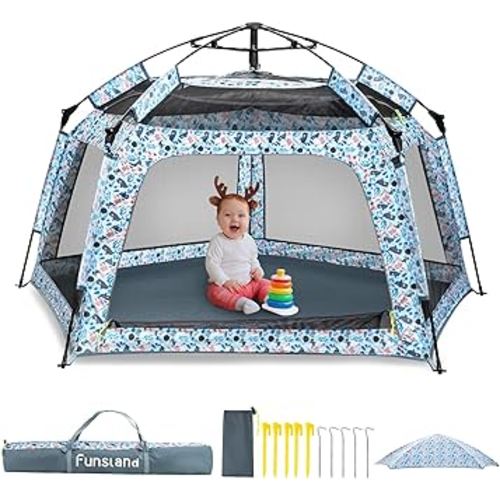 Baby Playpen Pop-up Tent - Outdoor & Indoor Play Tent for Beach with Canopy Travel Bag Portable Play Yard for Babies & Toddlers (Ocean)