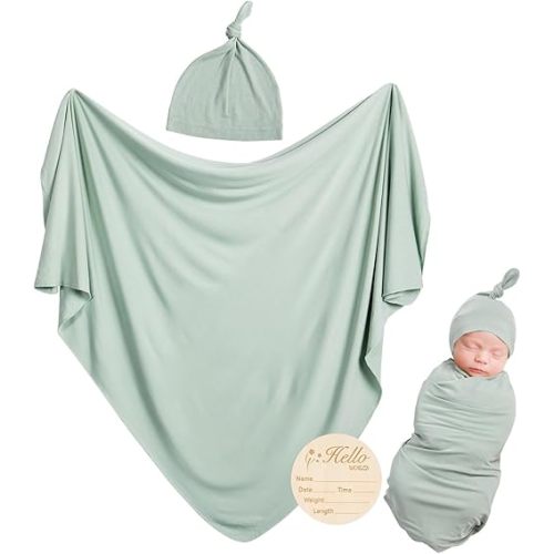 Rayon Made from Bamboo Newborn Swaddle Blanket Set with Matching Beanie, Super Soft Stretchy Baby Clothes Outfit for Girl Boy, Receiving Blankets Newborn Essentials, 35 x 35 Inch