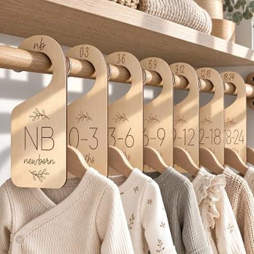 Baby Closet Dividers for Clothes Organizer - Set of 7 Adorable Wooden Double-Sided Baby Clothes Size Hanger Organizer from Newborn to 24 Months for Nursery Beautiful Decor