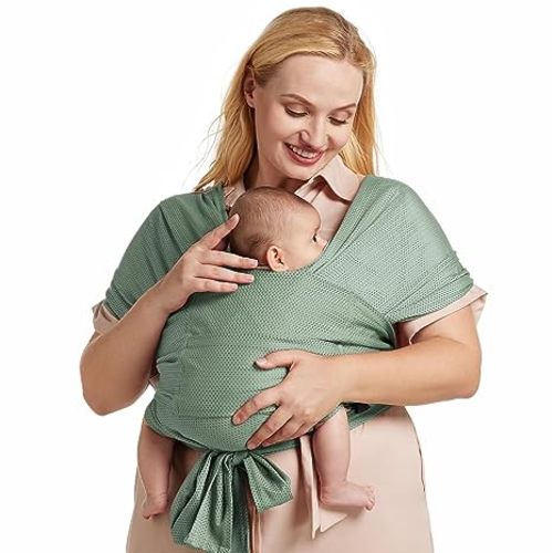 Momcozy Adjustable Buckle Baby Wrap Carrier Cooling Air-Mesh, Easy to Wear Baby Carrier Sling, Baby Carriers Newborn to Toddler 8-35lbs, Suit for Waist 47-57inch,Plus Size Grey Green