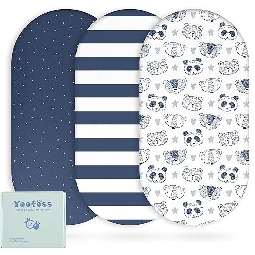 Yoofoss Bassinet Sheets for Baby,3-Pack Fitted Bassinet Sheets Set Compatible with Halo Bassinest Swivel Sleeper,Baby Delight,Angelbliss,Soft Breathable Bassinet Mattress Sheets(Stripes + Panda)