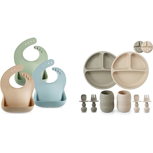 PandaEar Set of 3 Cute Silicone Baby Bibs & Silicone Baby Feeding Set