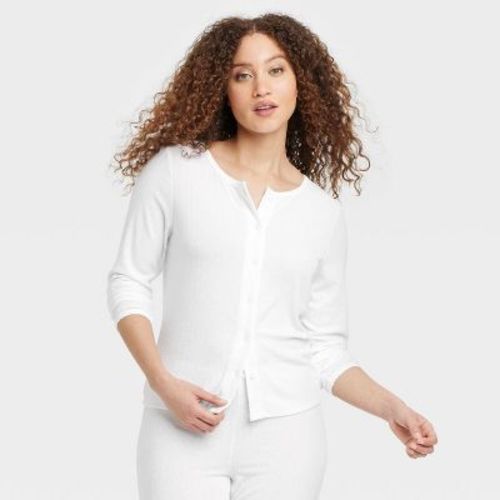 Women's Pointelle Pajama Cardigan - Auden™ White S: Recycled Polyester, Rayon, Spandex, Midweight, Long Sleeve, Button Down
