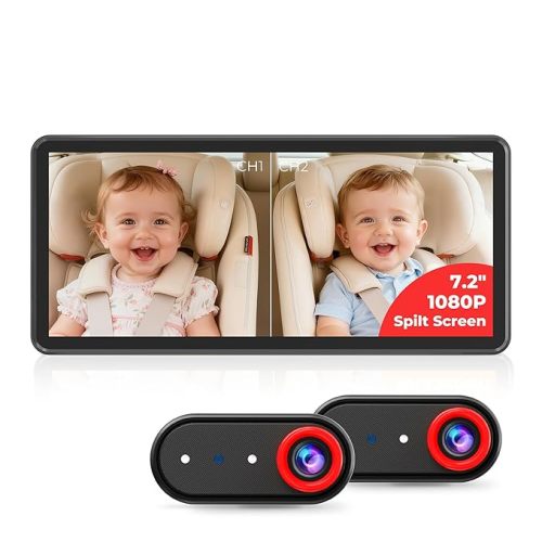 BM5 PRO Baby Car Camera for 2 Kids, 7.2" 1080P Dual Channel Display for Car Seat, Easy Installation with 2 IR Night Vision Cameras, Rear Seat Safety for Babies and Pets - Red