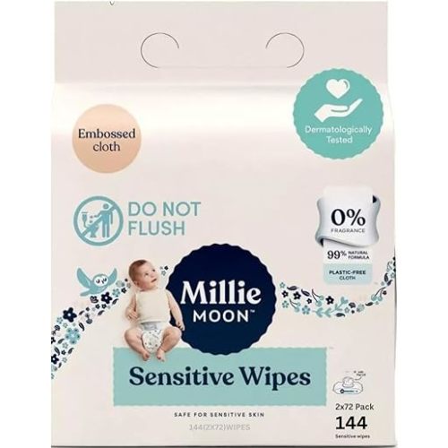 Millie Moon Sensitive Baby Wipes, Plastic-Free, 99% Natural Formula, 144 Count