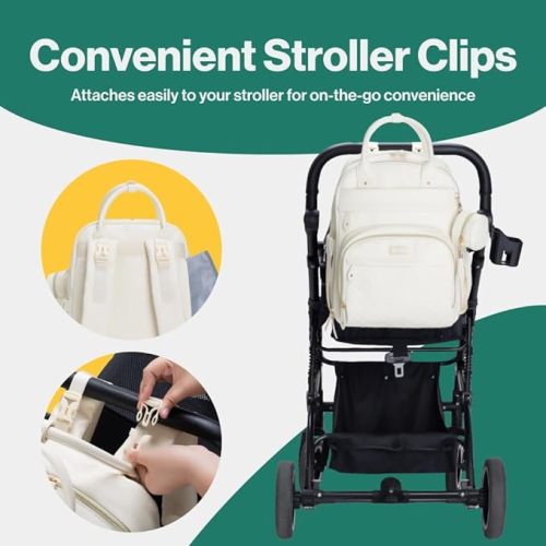 BabbleRoo Leather Diaper Bag Backpack - Baby Essentials Travel Baby Bag, Multi function, Waterproof, with Changing Pad, Stroller Straps & Pacifier Case – Unisex, Eggshell White - Faux Leather - Vegan Leather – Eggshell White