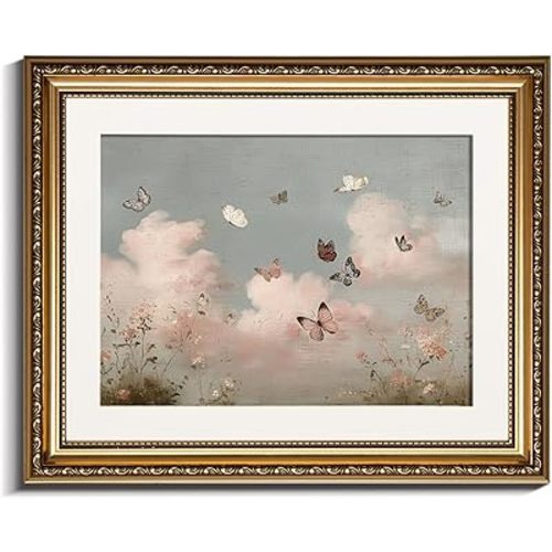 InSimSea Gold Picture Framed Wall Art, Living Room Vintage Butterfly Cloud Nursery Wall Decor, Field Landscape Canvas Print Art, Home Farmhouse Decor, Antique Paintings with Frame 13x16inch