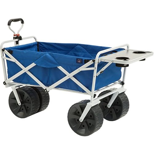 MacSports All Terrain Beach Wagon with Side Table|Heavy Duty Collapsible Folding Cart with Large Wheels for Beach Day, Picnic, Camping, Outdoor Activities | Blue/White - WAGON W/TABLE - Beach Wagon Cart