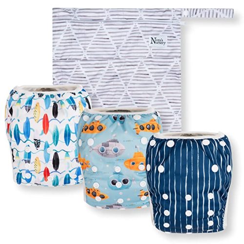 Reusable Swim Diapers and Wet Bag - One Size Fully Adjustable - Seaside Unisex 3 Pack with Wet Bag by Nora's Nursery