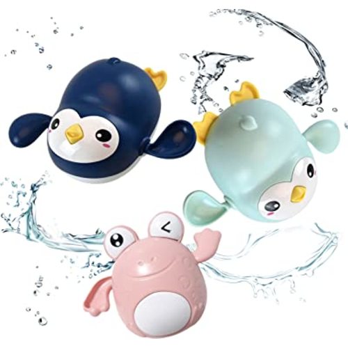 Baby & Toddler Bath Wind-up Swimming Toys to Make Joyful Bath Time for Your Children (Dark Blue Penguin, Pink Frog, Mint Penguin, 3-Packs)