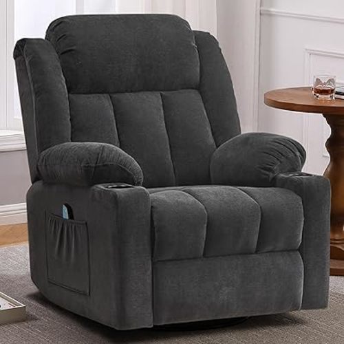 Rocker Swivel Recliner Chair for Adults, Overstuffed Large Manual Recliner Glider with Massage and Heat, Comfy Soft Fabric Living Room Reclining Sofa Chair (Black New)