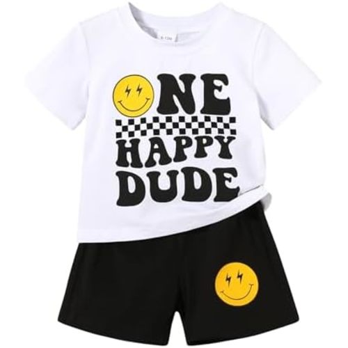 Happy Down Baby Boy Summer Clothes One Happy Dude 1st Birthday Outfits Smile Cool Short Sets