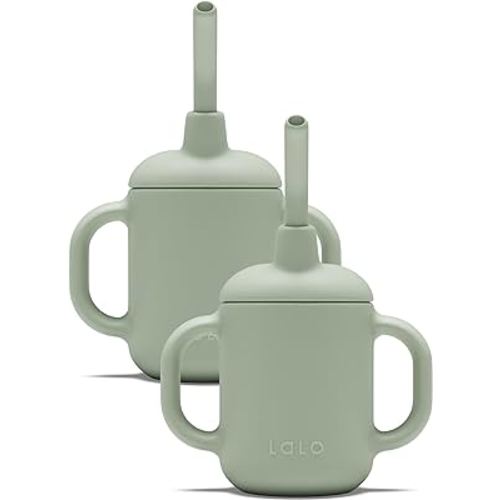 Lalo Little Cup 2-Pack, Non-Toxic Silicone Straw Cup with Handles - Baby and Toddler Sippy Cup - Mini Cup and Straw Training System, 4oz, Sage