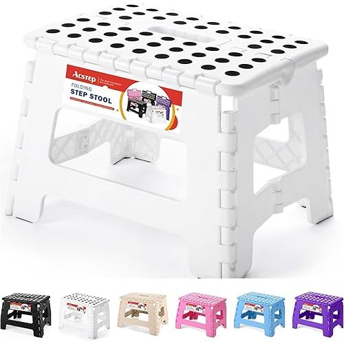 ACSTEP Folding Stool - Portable, Collapsible Plastic Step Stool, 9 Inch, Non Slip, Foldable, for Kitchen, Bathroom, Bedroom (White)