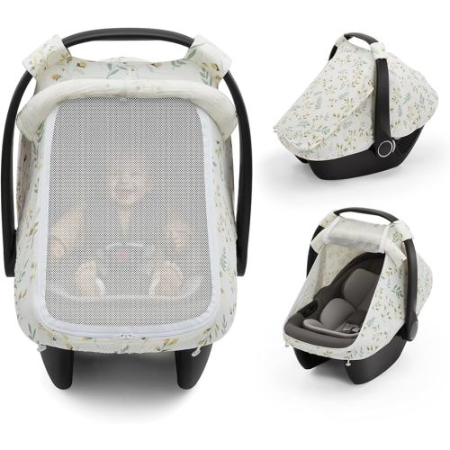 Blissful Diary Baby Car Seat Cover, Extra Large Mesh Window, Breathable Muslin Cotton, Infant Windproof Canopy, Must-Have Baby Gift - Botanical Leaf
