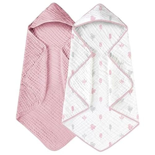 Yoofoss Hooded Baby Towels for Newborn 2 Pack 100% Muslin Cotton Baby Bath Towel with Hood for Babies, Infant, Toddler and Kids, Large 32x32Inch, Soft and Absorbent Newborn Essential - Pink and White Leaf
