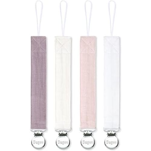 Pacifier Clip for Baby Boy and Girl - Linen Soft Fabric Pacifier Hold with Clip for Binky, Leash Soothie Holder Unisex 4 Pack (Pink）
