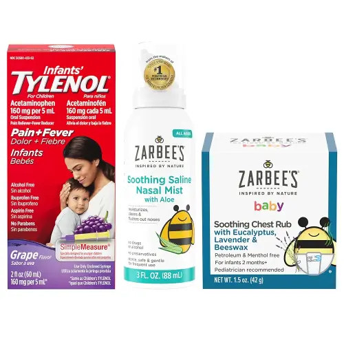 Tylenol and Zarbee’s Baby Essentials Bundle for Infants: Infants Acetaminophen Liquid Medicine, Zarbee's Baby Soothing Nasal Spray, and Zarbee's Baby Soothing Eucalyptus & Lavendar Chest Rub